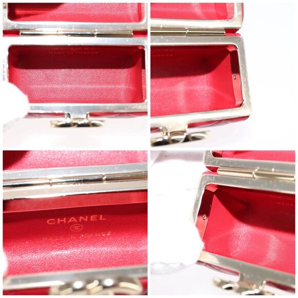CHANEL Small Box Matelasse Chain Pouch Lamb Skin Red CC Auth - Picture 15 of 15